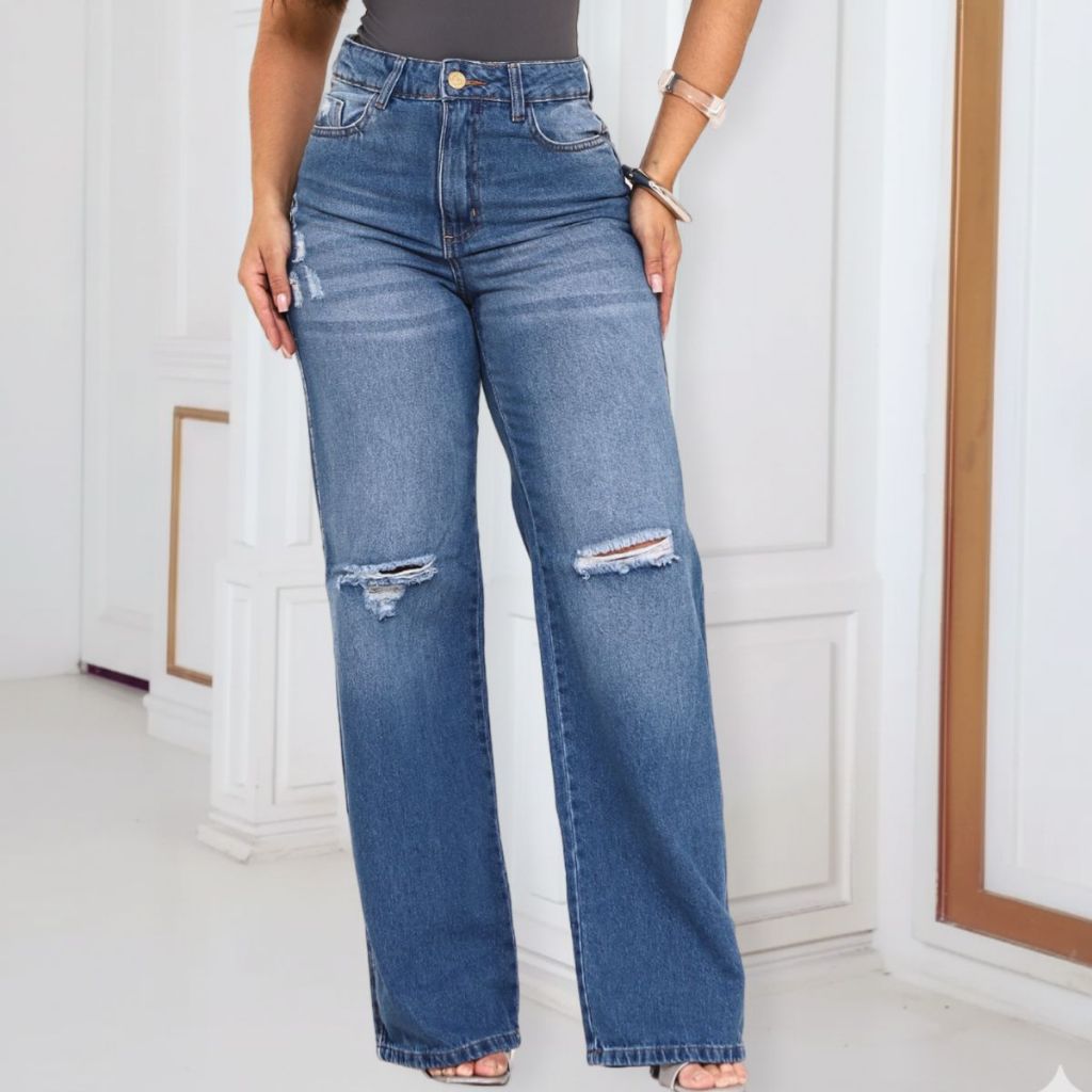 Calça Wide Leg Jeans Feminina Rasgada no Joelho Cintura Alta 100% Algodão Moda Influencer Digital em Oferta na Shopee