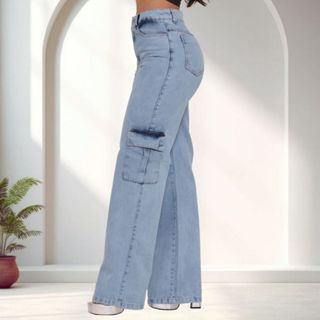 Calça Jeans Cargo Feminina Wide Leg Cintura Alta Lavagem Clara tecido grosso 100% Algodão em Oferta na Shopee