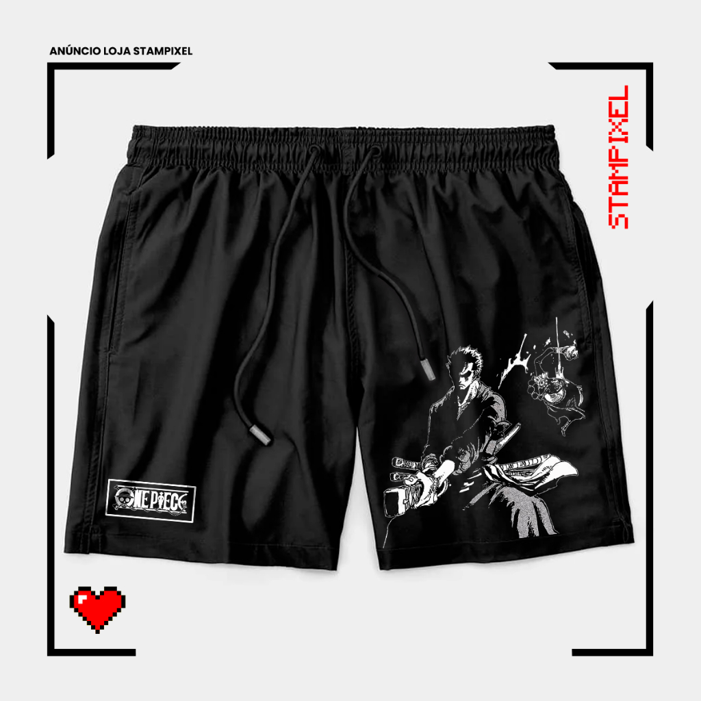 Bermuda Tactel Zoro One Piece Katanas Santoryu Short Confortável Com Elastano Ideal Para Lazer Treino Esportes Praia