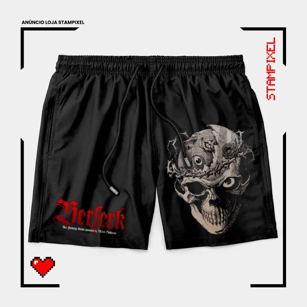 Bermuda Tactel Berserk Skull Knight Caveira Short De Anime Confortável Com Elastano Ideal Lazer Treino Esportes Praia