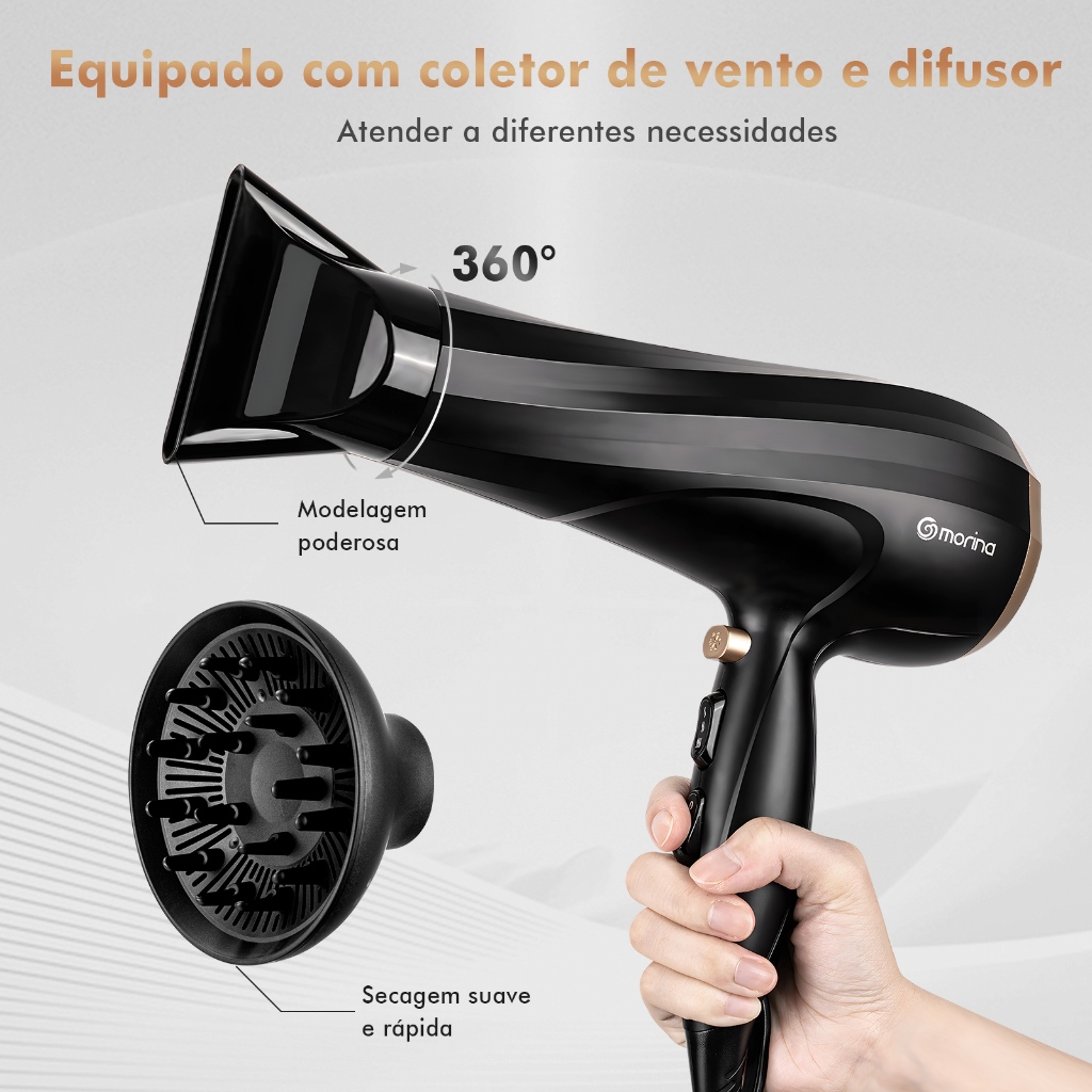 Secador de cabelo 1900 watts Preto com coletor de vento e difusor 127V Motor CC 3 Temperaturas Secagem Rapida Leve BY526