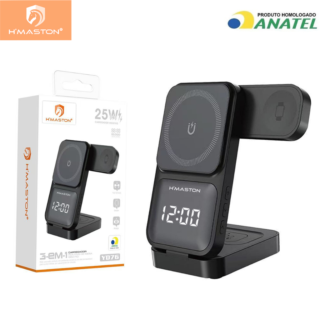 H'maston YD-76 CARREGADOR 3-EM-1 INDUTIVO DE MESA SEM FIO display LED Para mostrar hora dobrável que em Oferta na Shopee