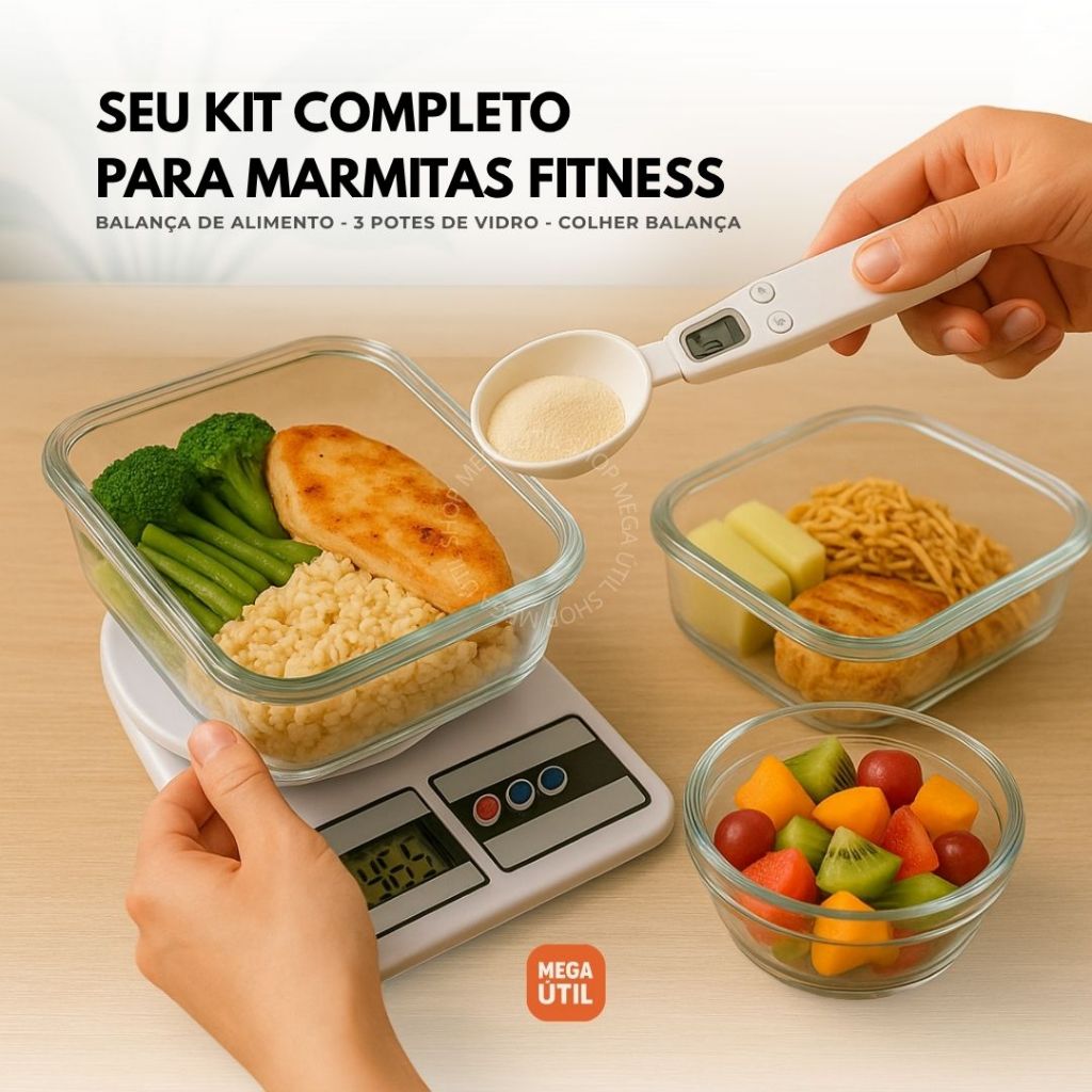 Kit 3 Potes de Vidro Hermético 150ml 170ml 250ml + Colher Balança Digital Cozinha + Colher Medidora