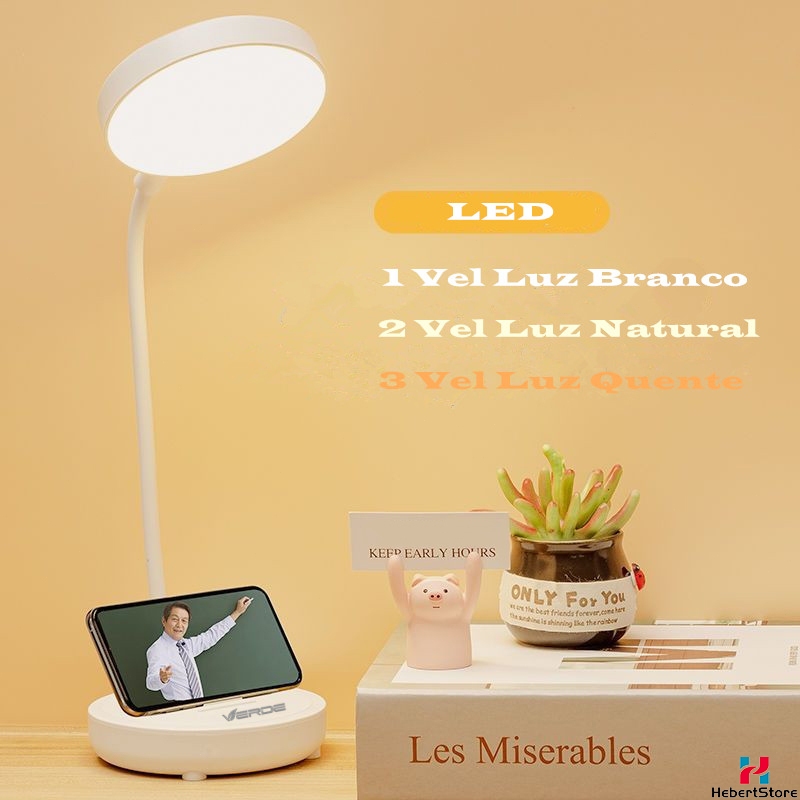 Luminária Abajur de Mesa LED Luz Recarregavel Sem Fio Touch Haste Flexível Lâmpada De Estudo Com Proteção Para