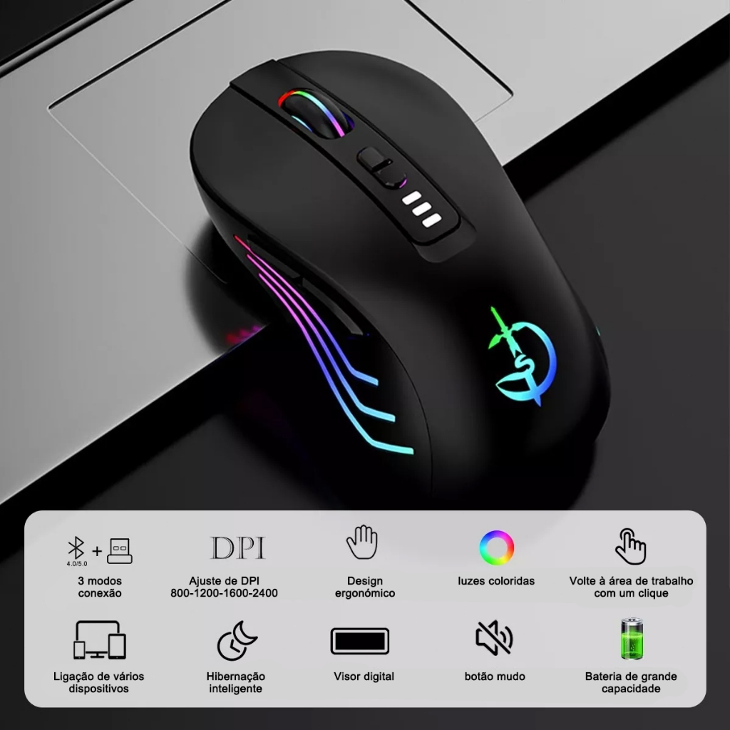 Mouse Sem Fio Recarregável Led RGB Clique Silencioso 2.4 Ghz Ergonômico Gamer Home Office