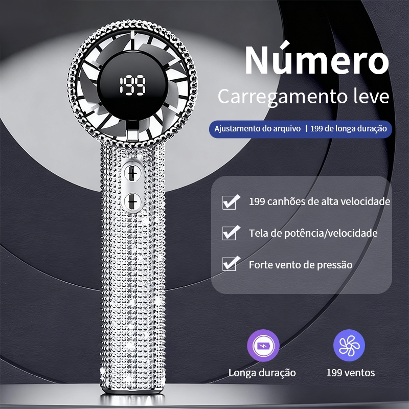 Ventilador Portátil com Design de Diamante, 199 Níveis, Display LED, USB Recarregável, Motor Brushless ME7504