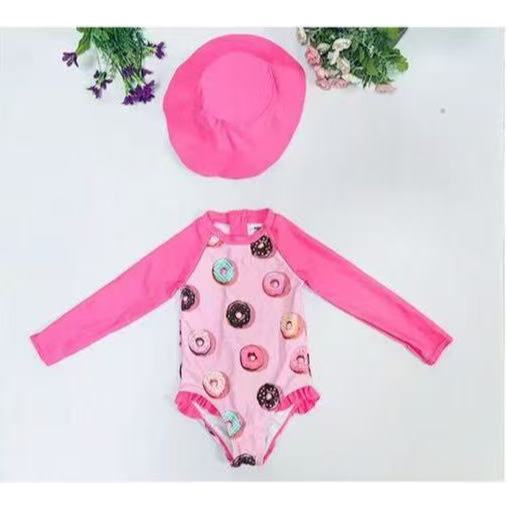 Maiô Infantil Manga Longa Com Chapéu Menina Infantil Bebe Proteção Solar Uv 50 Maio Moda Praia 1768-01