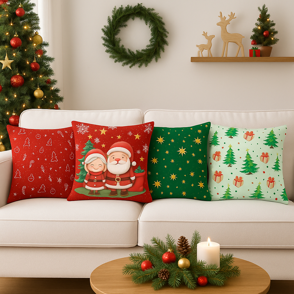 Kit Com 04 Capas De Almofadas Natalinas/Natal  Decorativas 45x45 Em Oxford