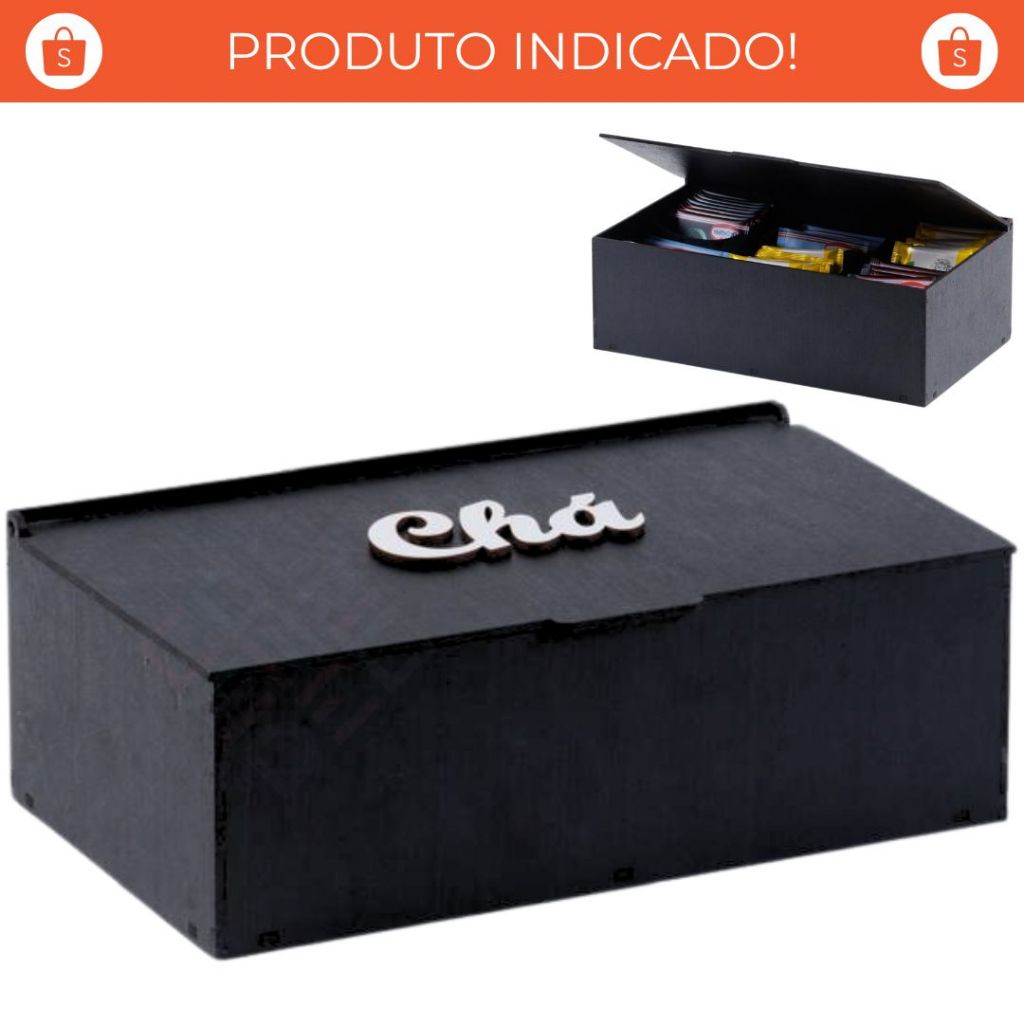 Caixa de Chá MDF Premium com Tampa Articulada e 6 Divisórias Porta Sachês Açúcar Café Multiuso