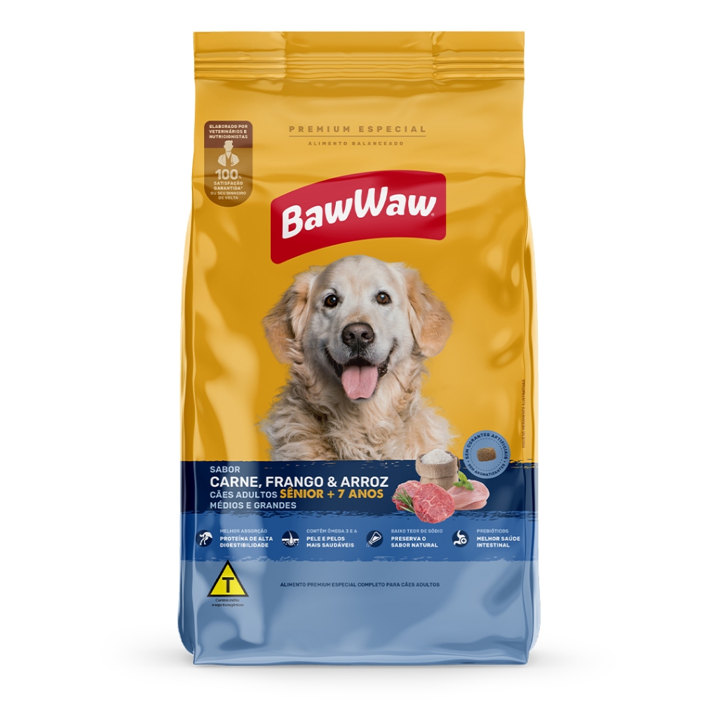 Promoção Baw Waw Ração Sênior p/ cães idosos 7 anos carne, frango e arroz 2,4kg