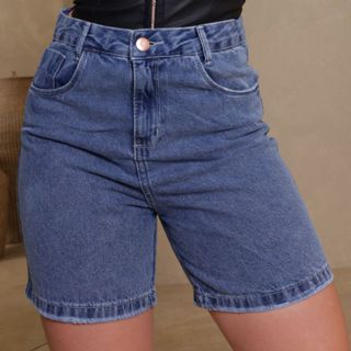 Bermuda Mom Jeans Feminina Cintura Alta Estilo Casual Elegante Com Bolsos Frontais E Traseiros em Oferta na Shopee