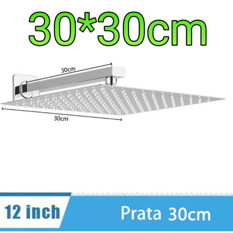 Ducha Chuveiro Inox Quadrada 30 x 30cm Parede Com Braço 30cm Preto ou Cromado