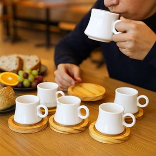 Jogo 6 Xícaras Porcelana Branca 60ml Premium Café Chá Capuccino + 6 Pires Madeira Elegante em Oferta na Shopee
