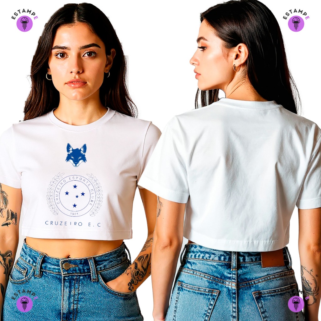Camiseta Cropped Raposa Mafia Azul Cruzeiro Futebol Blusa 100% Algodão Premium Adulto Feminino