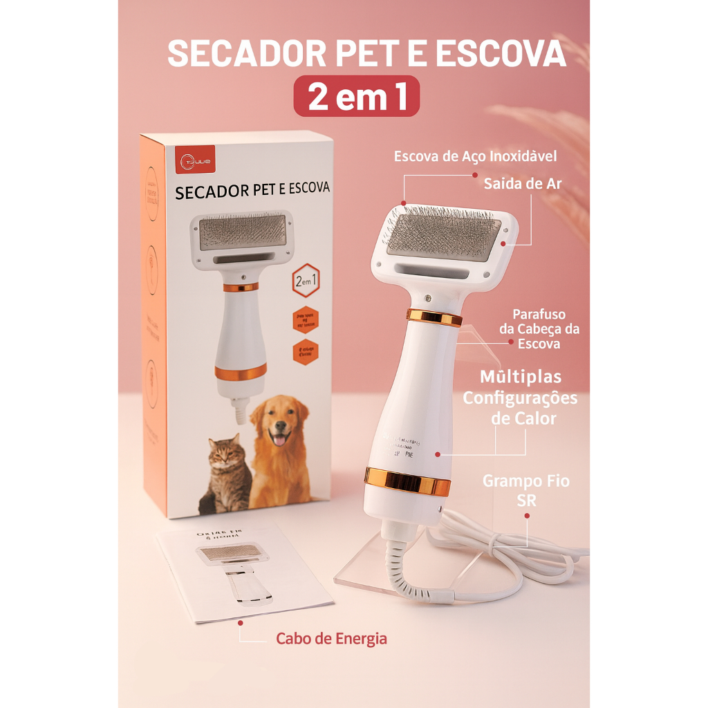 Escova Pet Secadora Elétrica para Secar e Remover Pelos de Gato e Cachorro Envio Rápido 110V