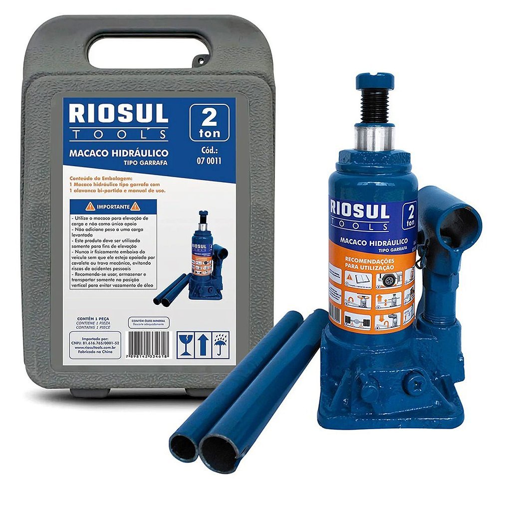 Macaco Hidráulico Tipo Garrafa para 2 Toneladas com Maleta e Fuso de Regulagem R070011  Riosul Tools