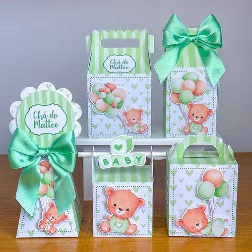 KIT FESTA / PRÉ-MONTADO / CHÁ DE BEBÊ / TEMA: URSINHO VERDE - Caixinhas Personalizadas para Lembrancinha de Aniversário