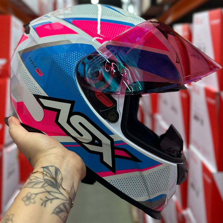 CAPACETE FEMININO ENTRADA ASXEAGLE  FAST ROSA AZUL + VISEIRA EXTRA ROSA CAMALEÃO EXCLUSIVO
