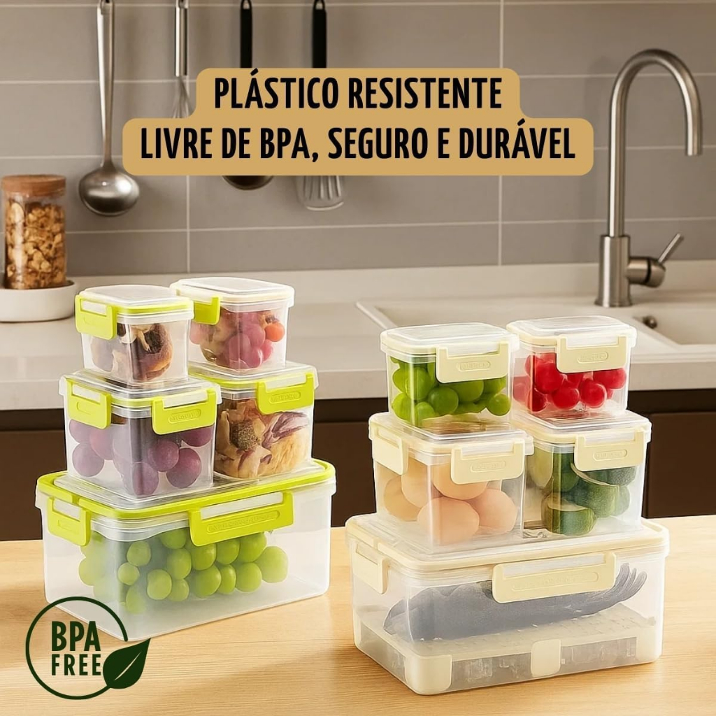 Kit Potes Organizador de Geladeira Com Escorredor Cesto Tampa Multiuso Alimentos Verdura Vegetais