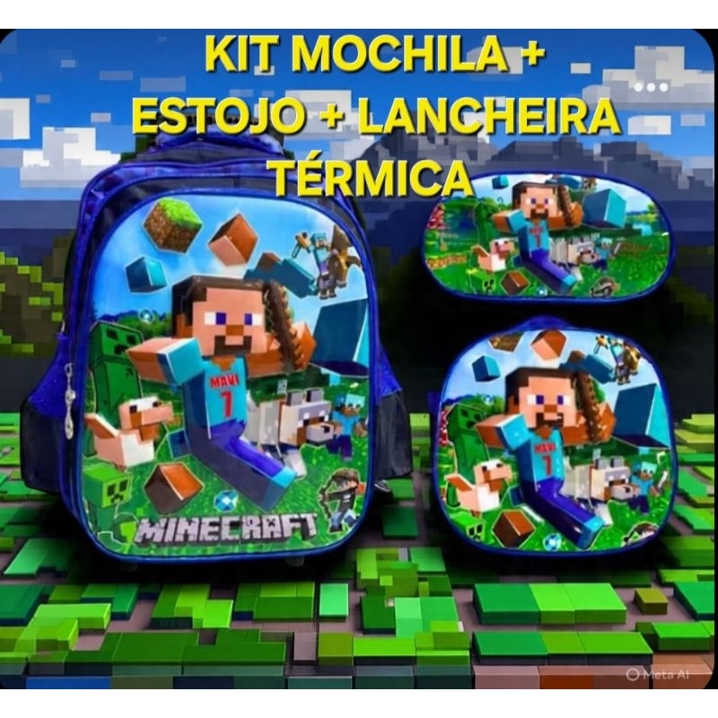 Kit Mochila Escolar Personagens Infantil Com Lancheira Térmica e estojo Mochila com rodinhas Minecraft