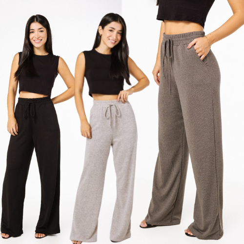 Kit 3 Calça Feminina Pantalona Wide Leg Cintura Alta Tecido Lanzinha com Bolso