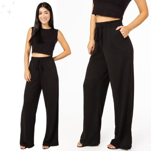 Calça Pantalona Feminina Cintura Alta com Bolso Tecido Lanzinha wide Leg de Amarrar