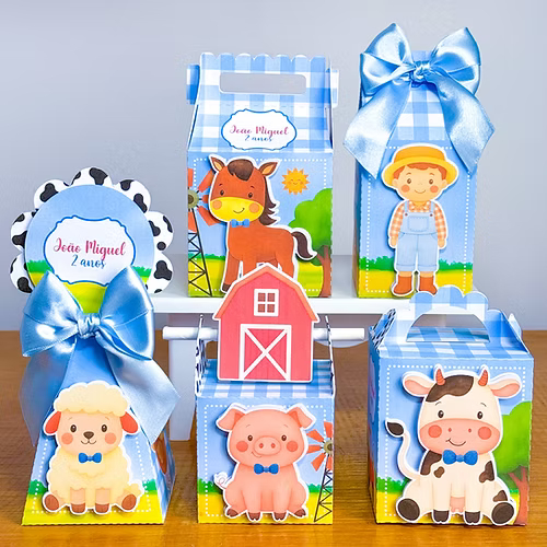 KIT FESTA /PRÉ-MONTADO/ TEMA: FAZENDINHA AZUL - Caixinhas Personalizadas para Lembrancinha de Aniversário / Mesversário