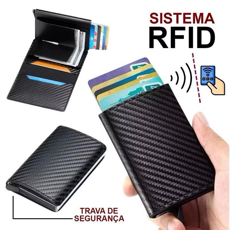 Carteira Porta-Cartões Masculina Fibra De Carbono Preta Slim Tripla Mágica Couro Antifurto RFID