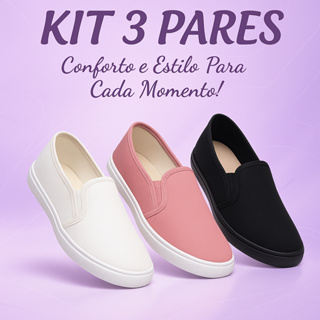Kit 3 Pares Sapatilha Feminina Slip On Casual – Ideal para Trabalho, Passeios e Lazer em Oferta na Shopee