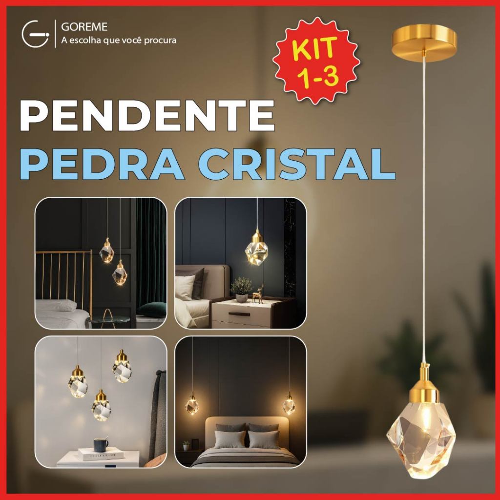Luminária Pendente Pedra de Cristal Led de Luxo Moderno Dourado 3 Cores de Luz Bivolt em Oferta na Shopee