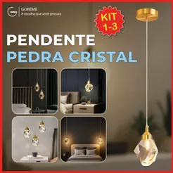 Luminária Pendente Pedra de Cristal Led de Luxo Moderno Dourado 3 Cores de Luz Bivolt