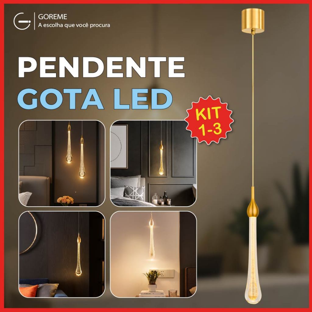 Luminária Lustre Pendente Led Gota Slim Dourado Luz Quente 110V-220V Bivolt