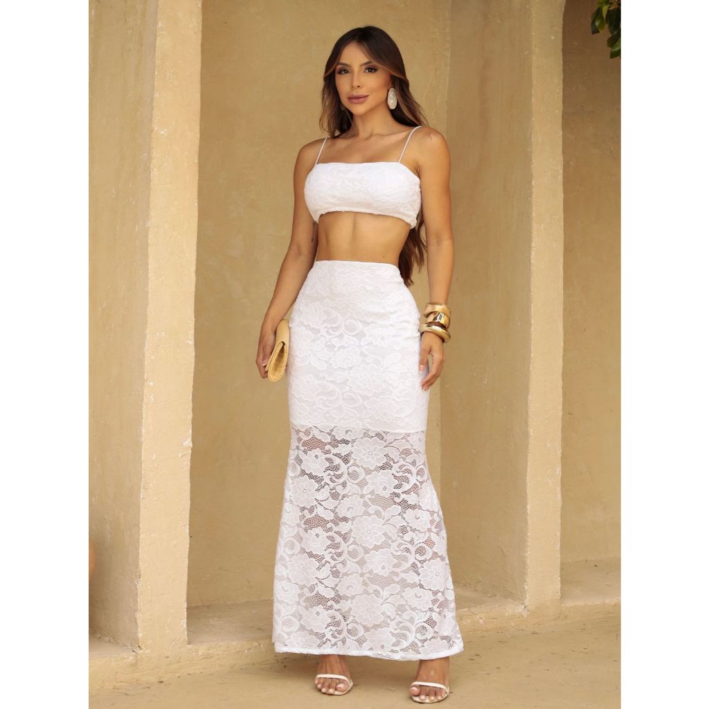CONJUNTO SAIA LONGA ZINNIA TECIDO RENDA MODA FESTA BALADA TENDENCIA VERÃO PRIMAVERA LANÇAMENTO 2026