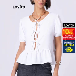 Lovito Blusa Feminina com Laços Frontais Amarração Manga Curta e Babado na Barra BLB94BRL123