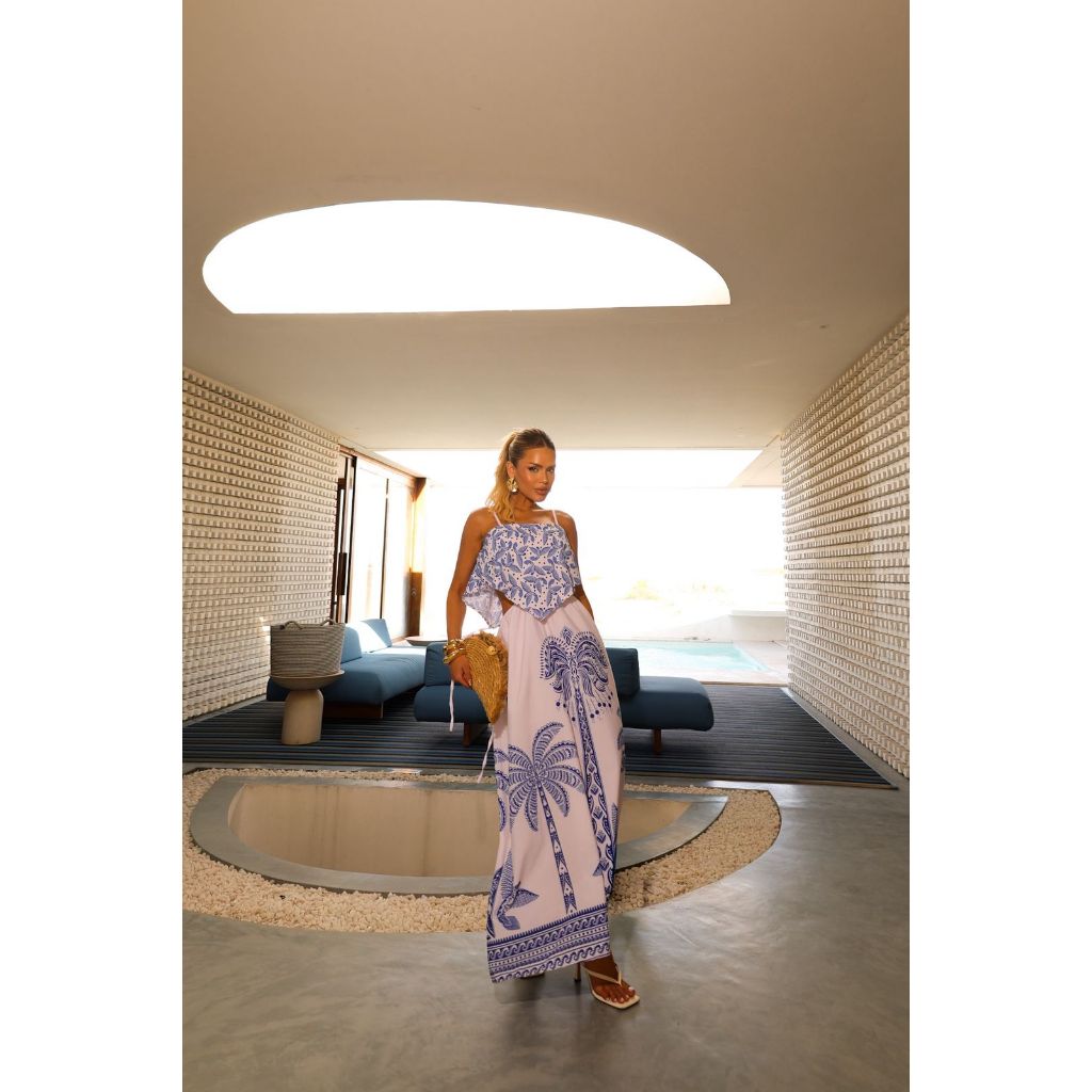 Vestido Maxi Tropical Estampa Árvore Azul e Branco Vestido Longo Fresquinho Tendência Verão Luxo Casual