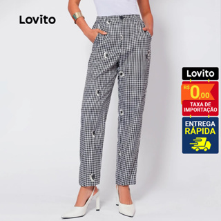 Lovito Calça Casual Feminina com Estampa Xadrez e Botões Bordados PTB527BRL557 em Oferta na Shopee