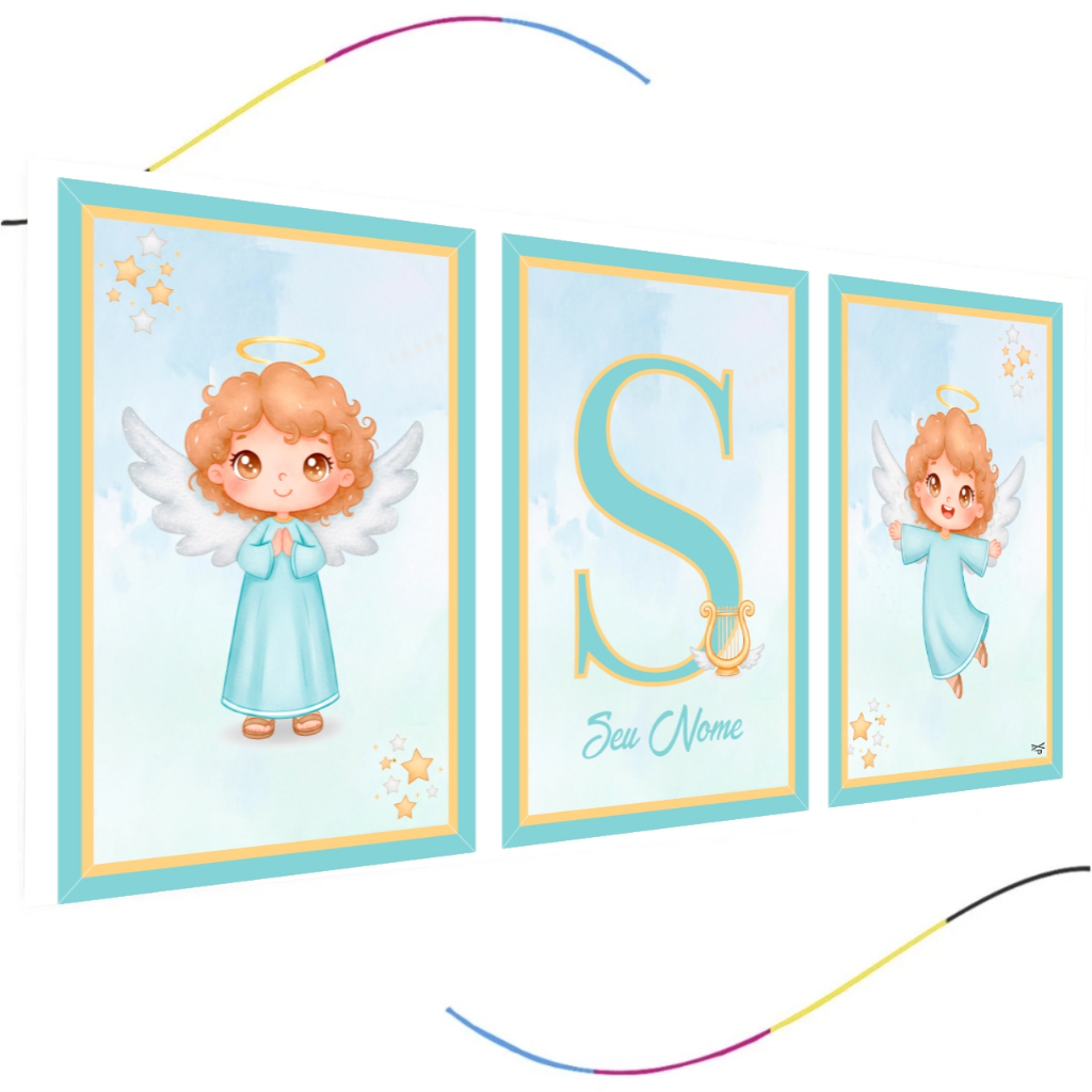kit Quadros Decorativos Infantis Anjo da Guarda, Kit 3 Peças MDF 3mm, Azul e Dourado, Personalizado,