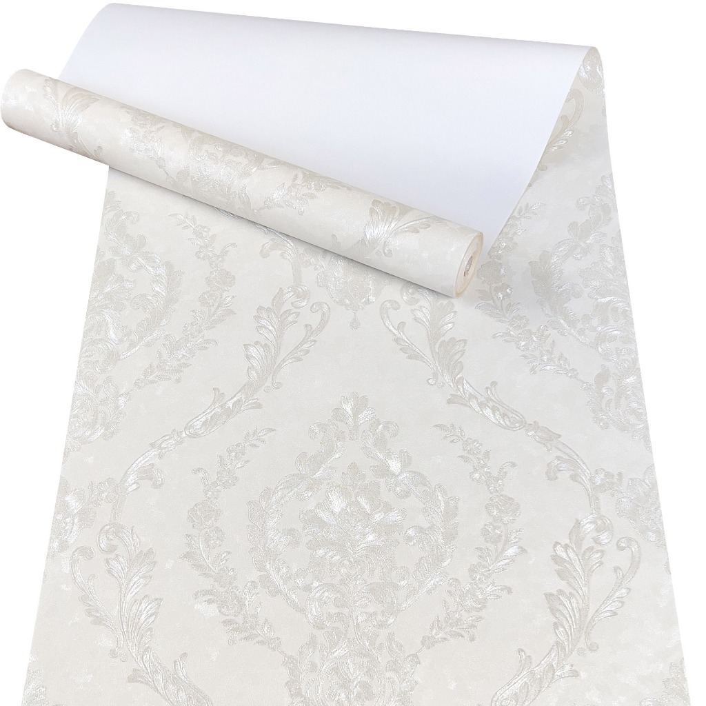 Papel de Parede Importado Damask Branco Perolado com Brilho - Rolo Vinílico Alto Relevo 10m x 53cm - Cola Inclusa em Oferta na Shopee