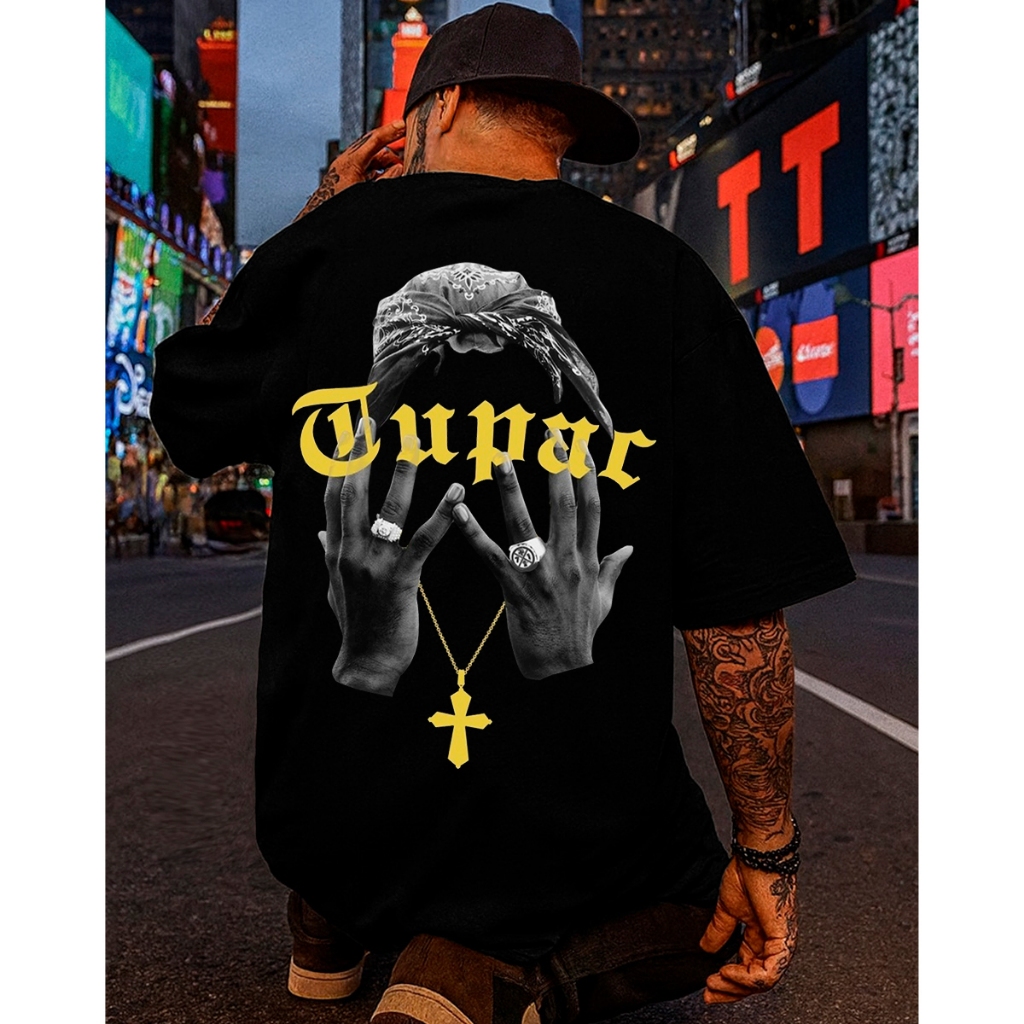 Camiseta Oversized Streetwear Tupac 2pac Hip Hop Masculina Desenho Frente e Costas Penteado Básica em Oferta na Shopee