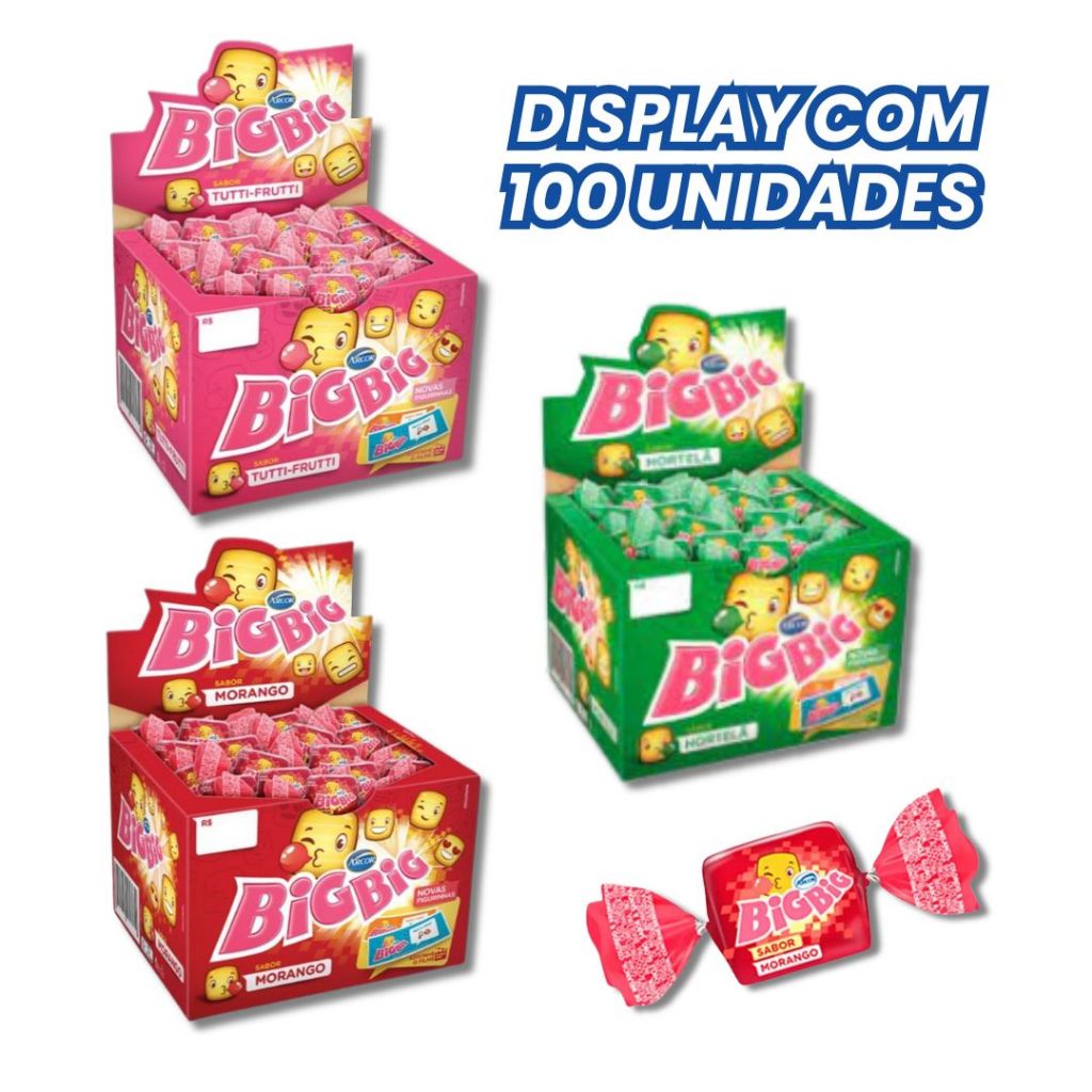 Display Chiclete Big Big com 100 Unidades Arcor 315g - Morango, Hortelã e TuttiFrutti