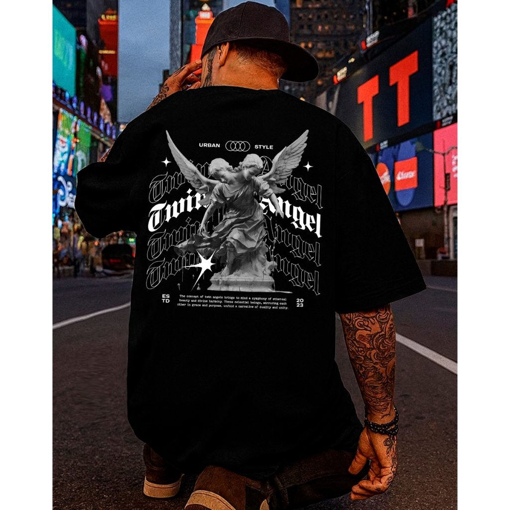 Camiseta Oversized Streetwear Estampa Twin Angels Camisa Angel Masculina Penteado Básica Premium