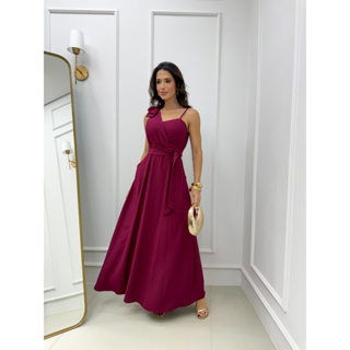 vestido longo casamento festa formatura com bojo laço cinto bolso alcinha regualvel em Oferta na Shopee