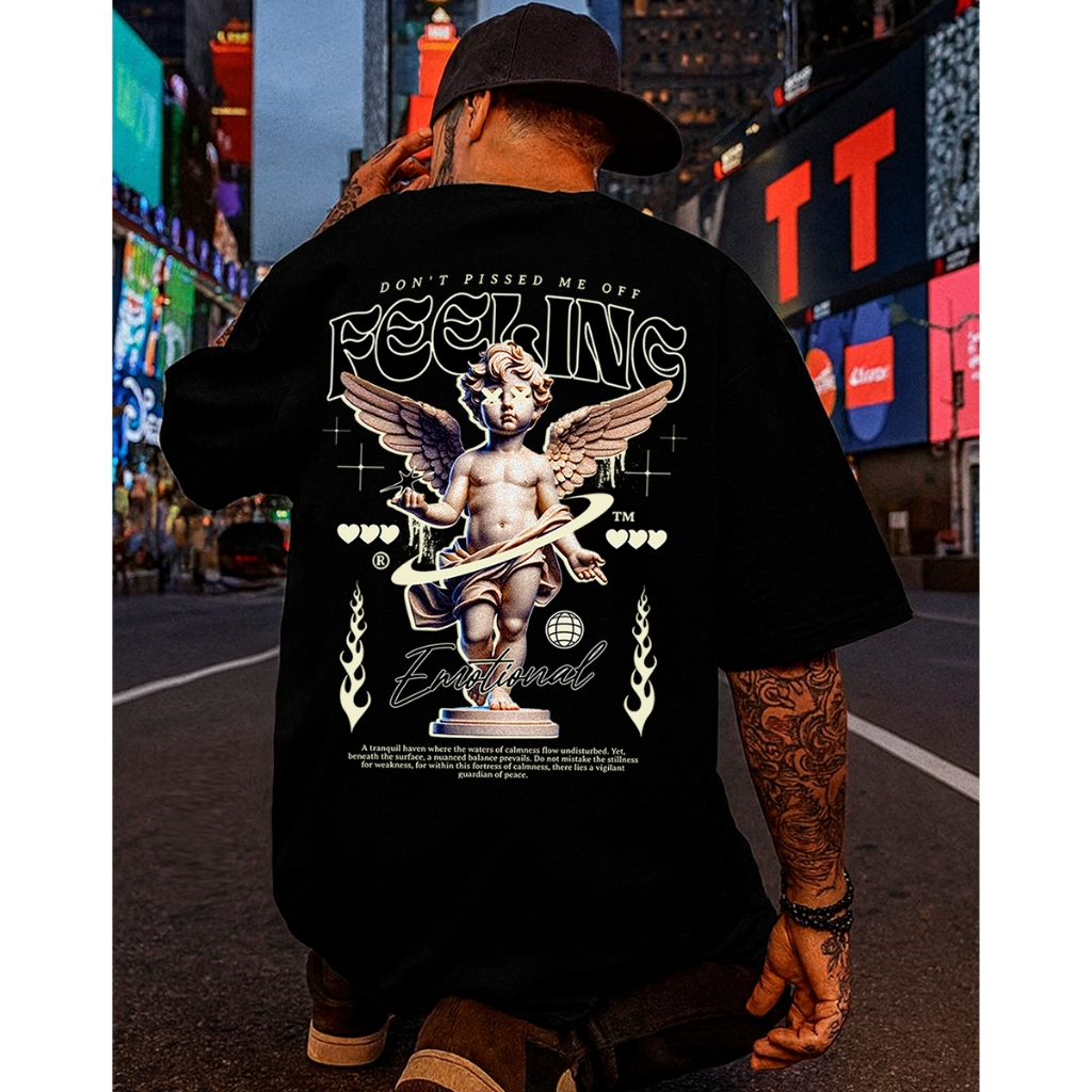 Camiseta Oversized Streetwear Estampa Sentimento Feeling Blessed Masculina Penteado Básica Urbano