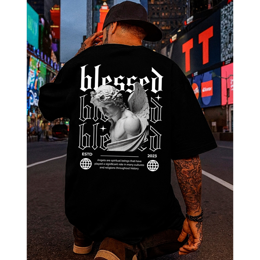 Camiseta Streetwear Oversized Blessed Unissex Estampada Frente e Costas Algodão Penteado Premium