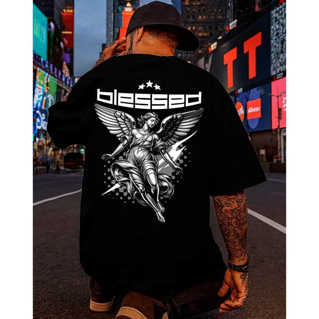 Camiseta Streetwear Oversized Estampada Blessed Anjo Guerreiro Estampada Algodão Penteado Plus Size