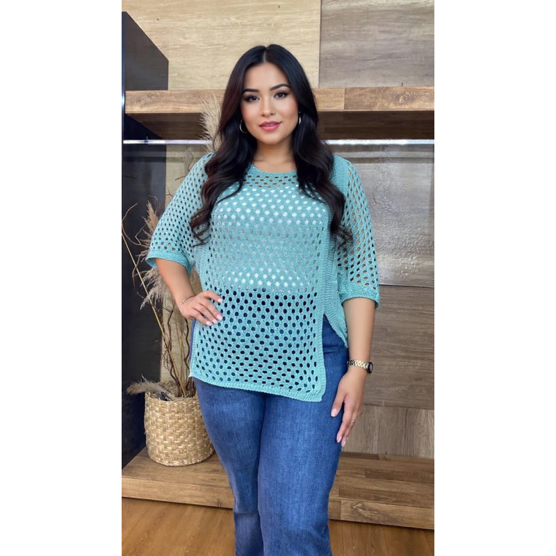 Blusa Feminina CASULO Verão Manga Morcego Tricot Estilosa Ampla Ponto Rendado PLUS