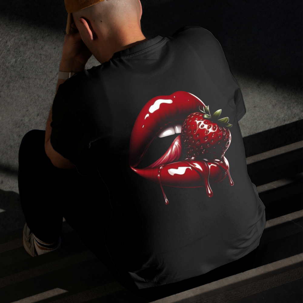 Camiseta Masculina Estampada Boca com Morango 100% Algodão Estilo Conforto Diário Do Tamanho P ao GG