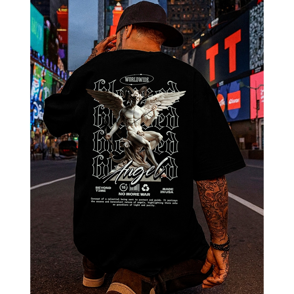 Camiseta Oversized Streetwear Blessed Masculina Angel Estampada Plus Size 100% Algodão Penteado