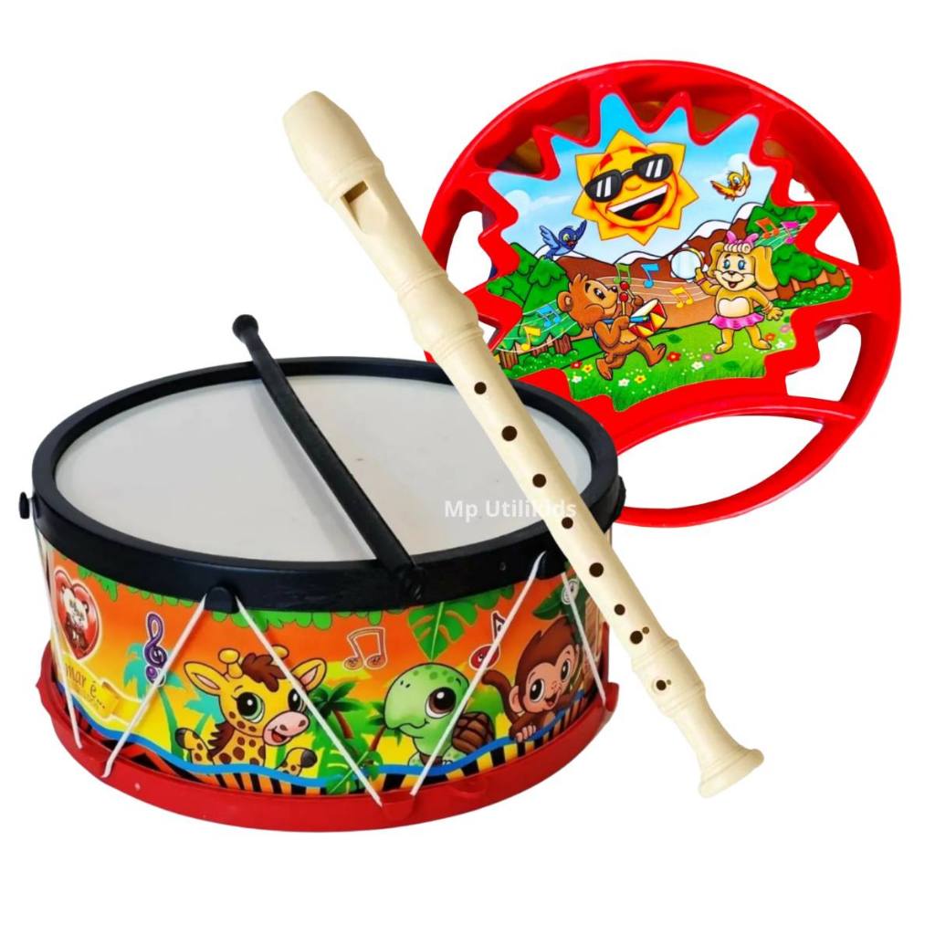 Brinquedo Infantil Tamborzinho Musical Kit 3 Pandeiro Colorido Flauta Infantil NF