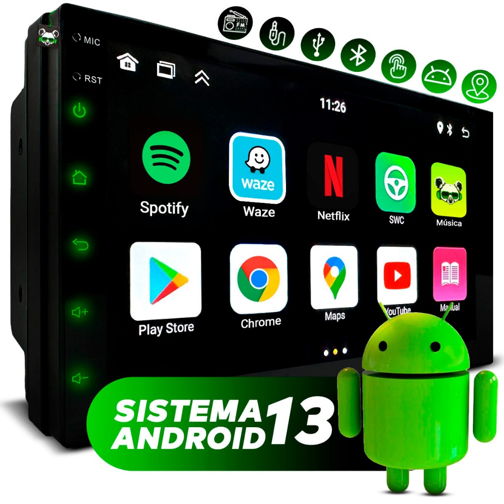Central Multimidia Android 13 2GB 7 Pol 2 Din Espelhamento USB Bluetooth GPS Integrado